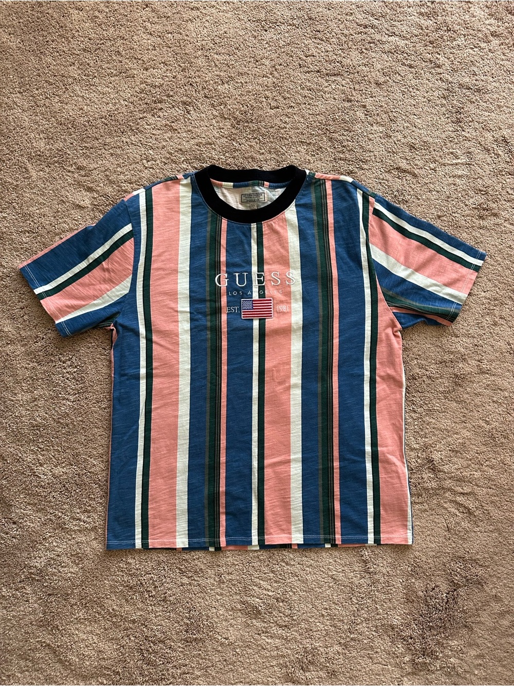 GUESS Men's Pink, Blue & White Vertical Stripe Short Sleeve Tee